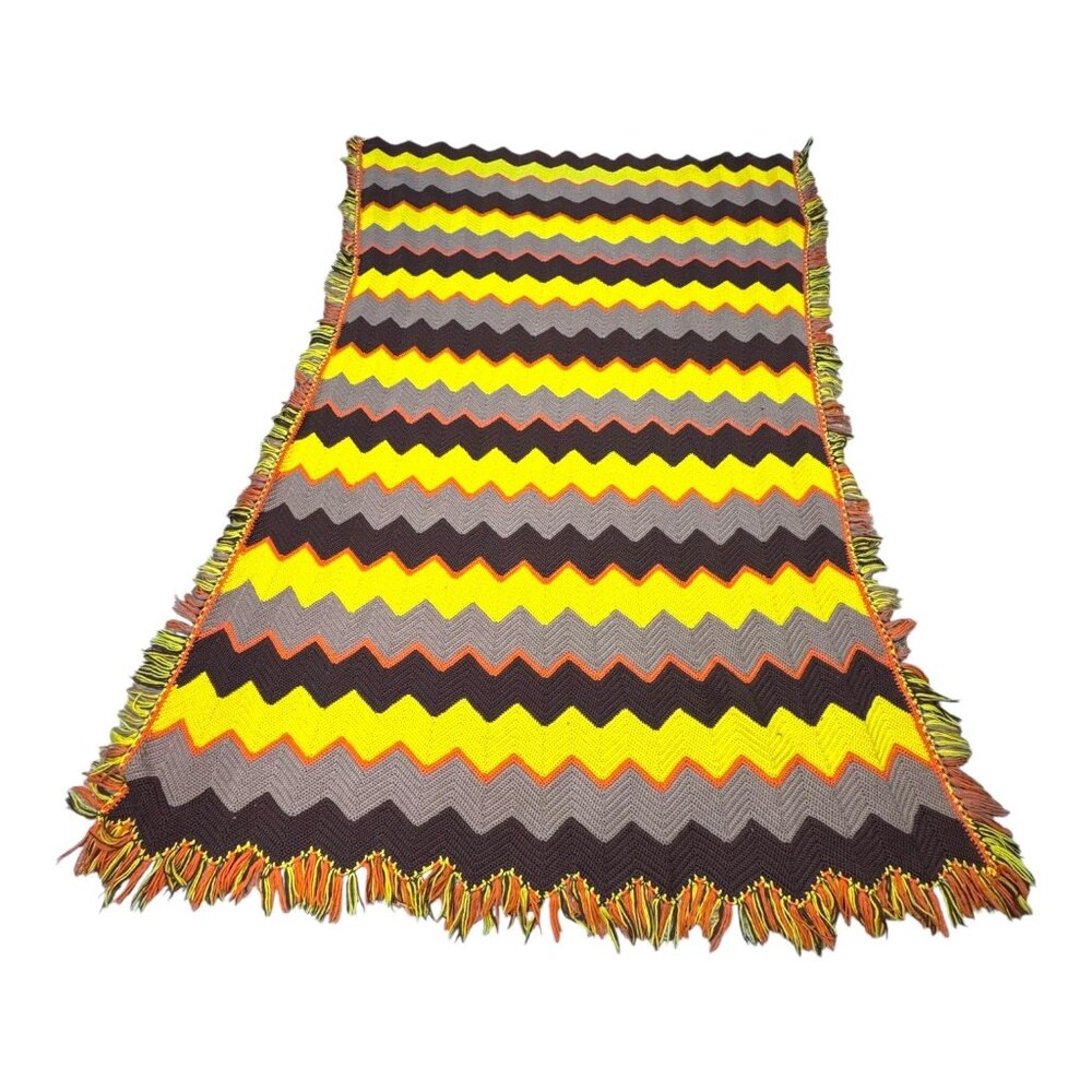 Vintage Chevron Afghan Sofa Throw Blanket Yellow Brown & Gray Fringe MCM Retro